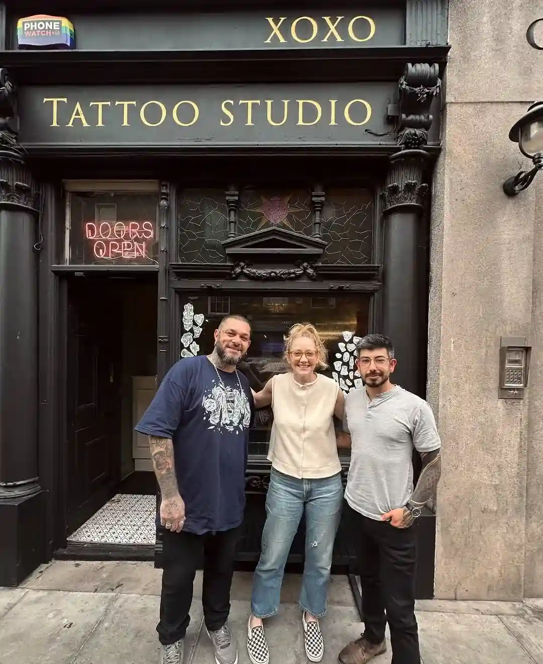 Judy Greer at XOXO Tattoo Studio Dublin, posing after getting her fine line tattoo on Capel Street