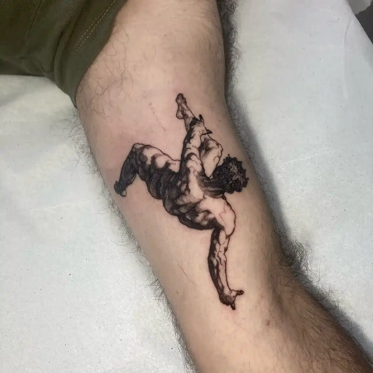 Blackwork classical figure tattoo by Gabriel Vendra at XOXO Dublin