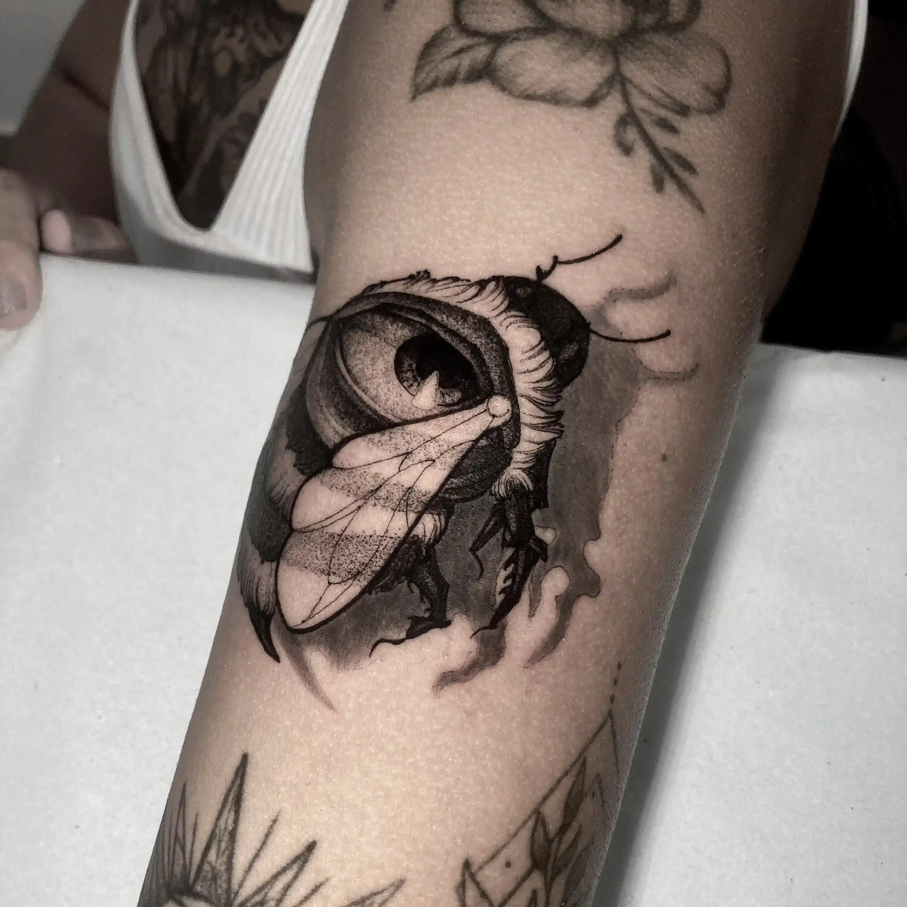 Detailed blackwork moth tattoo by Gabriel Vendra, XOXO Tattoo Studio Dublin