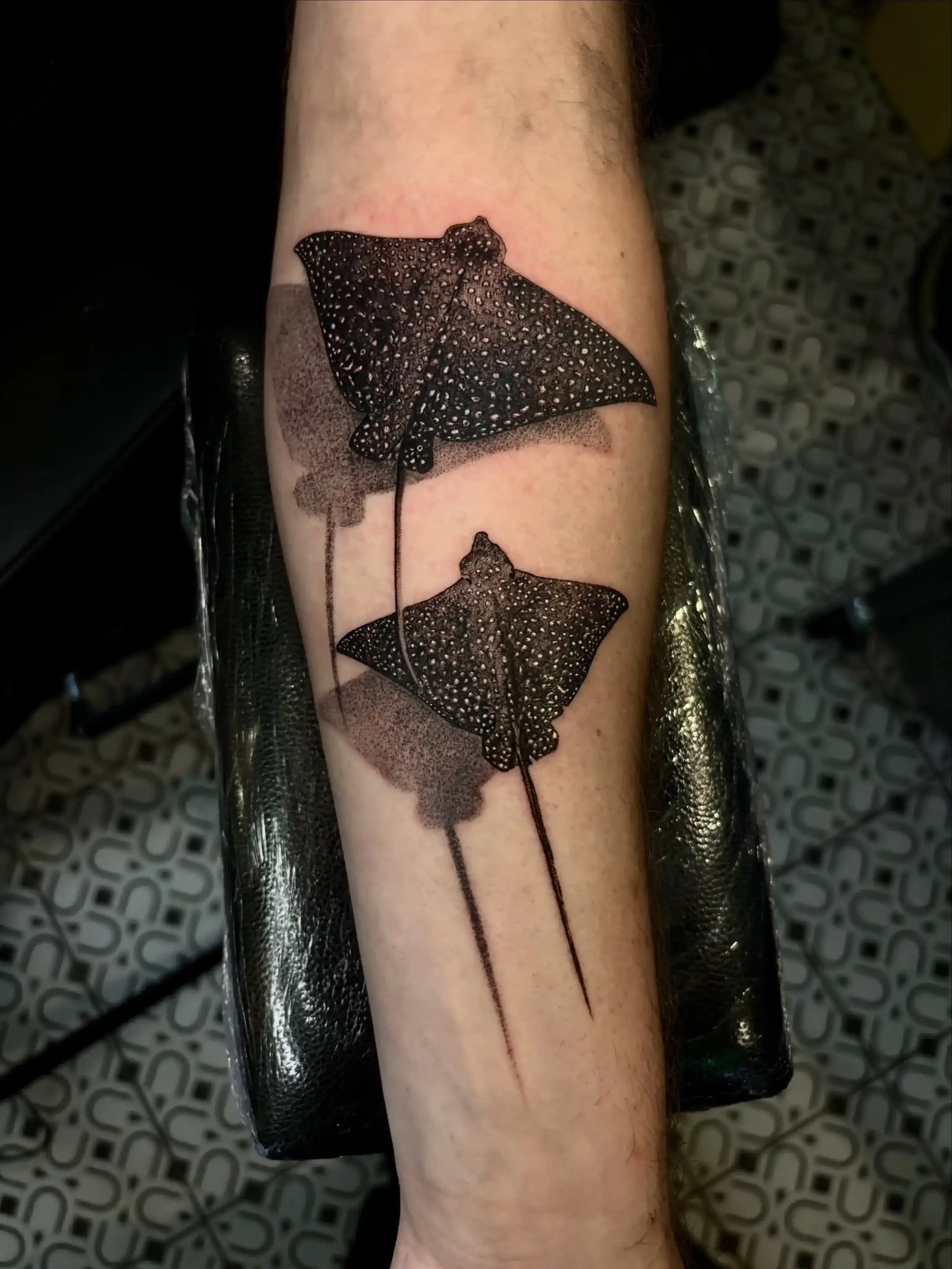 Blackwork stingrays tattoo by Gabriel Vendra, XOXO Dublin