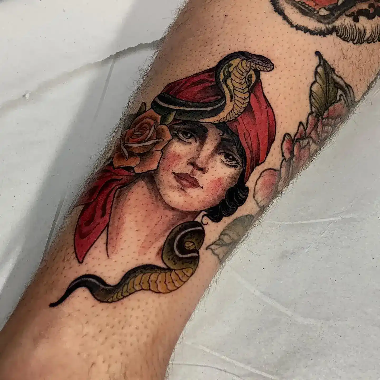 Neo-traditional gypsy portrait tattoo by Gabriel Vendra, XOXO Dublin